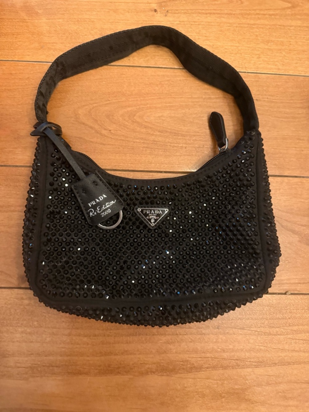 Prada Black Sequin Shoulder Bag with Logo Tag